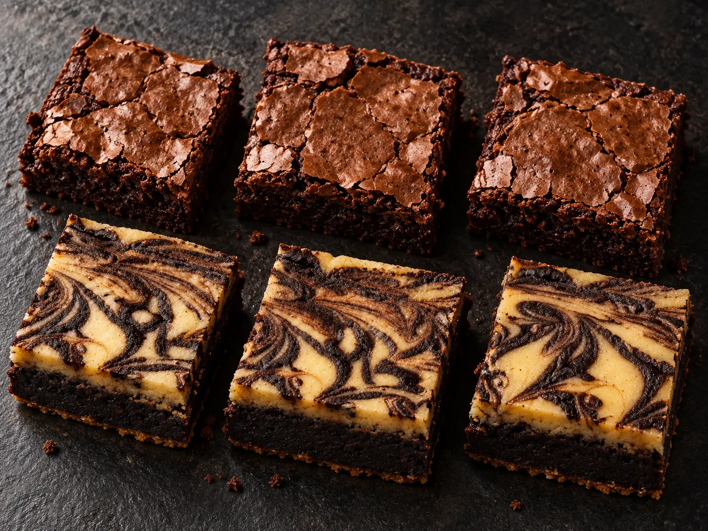 Mixed six: three Famous Fudge Brownies and three marbled Cheesecake Brownies on a dark surface