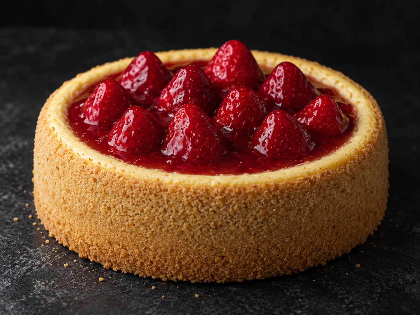 Whole 1.5 lb strawberry-compote New York cheesecake with golden crumb-coated sides